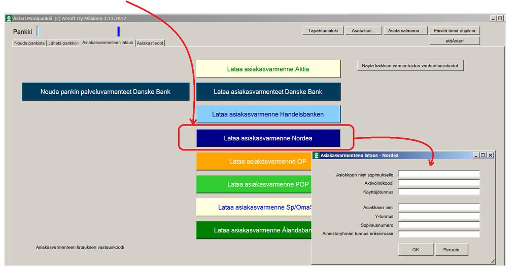 Asteri Monipankki KÄYTTÖOHJEET 25/46 4.4.2 JOS ASIAKASVARMENNETTA EI OLE KONEELLASI Jos asiakasvarmennetta ei ole koneellasi, voit noutaa sen pankkisi Varmennepalvelusta. 4.4.2.1 NORDEA Maksuliikennesopimuksen solmimisen jälkeen Nordea toimittaa Sinulle aktivointikoodin, jota tarvitset varmenteen latauksessa.