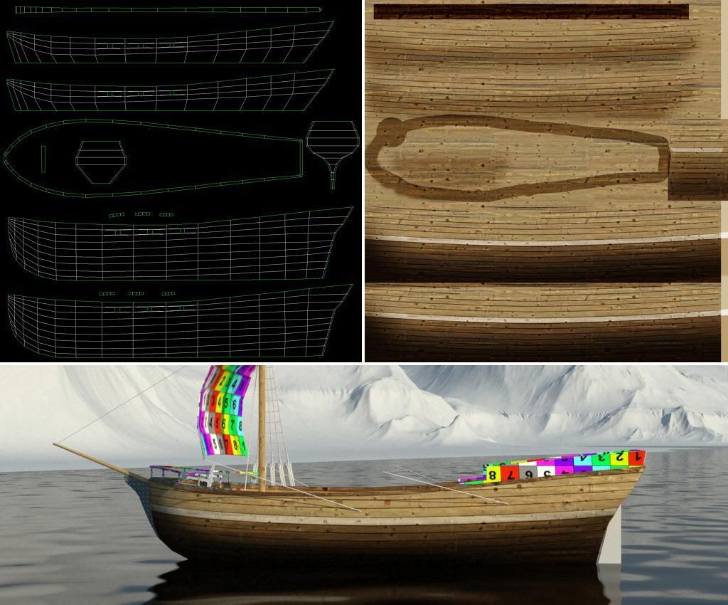 25 Kuva 19. Veneen rungon UV-kartta ja lopullinen pintatekstuuri.