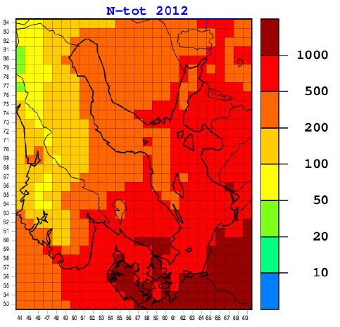 Kuva 10. Kokonaistyppilaskeuma (mg N m -2 a -1 ) Itämereen vuonna 2012 21.
