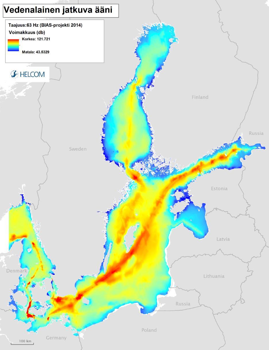 Kuva 20. Matalataajuinen jatkuva vedenalainen melu Itämerellä keskittyy laivaliikenneväylille ja niiden läheisyyteen 40.