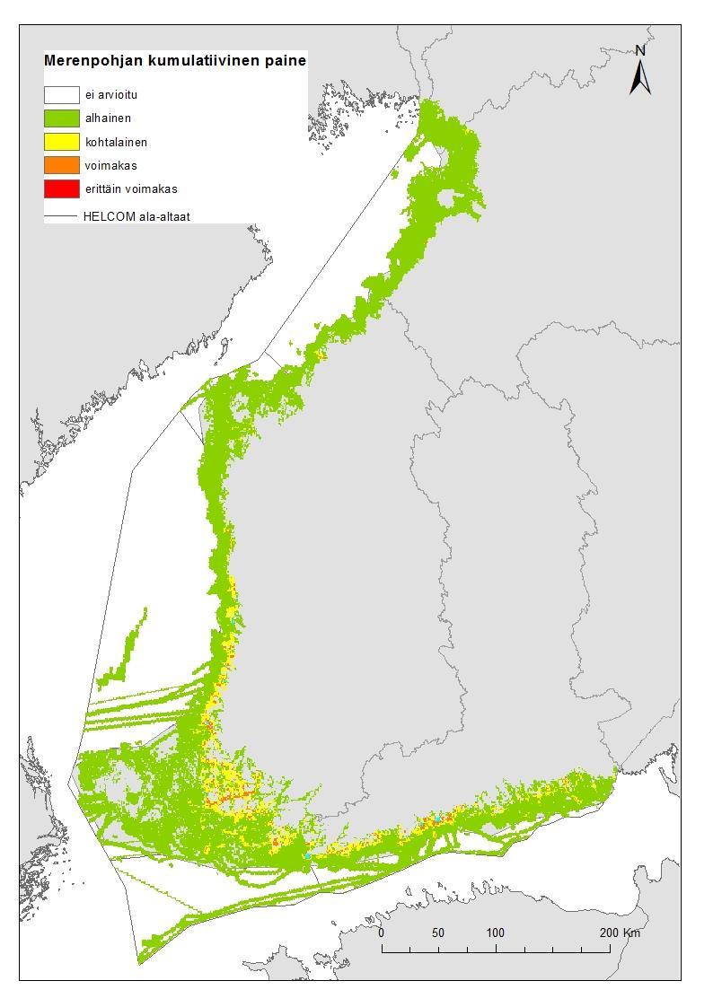 Kuva 26 osoittaa, että suurimmat kumulatiiviset vaikutukset kohdistuivat Selkämeren, Saaristomeren ja Suomenlahden sisempiin rannikkovesiin ja sisäsaaristoon sekä välisaaristoon.
