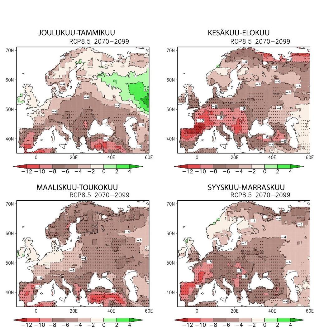 Metsäpalojen vaara kasvaa Maan pintakerroksen kosteuden muutos (%) SUOMESSA KUIVUMINEN LIEVEMPÄÄ KUIN MONIAALLA MUUALLA EUROOPASSA. METSÄPALOVAARA KASVAA MYÖS SUOMESSA. Ruosteenoja, K., Markkanen, T.