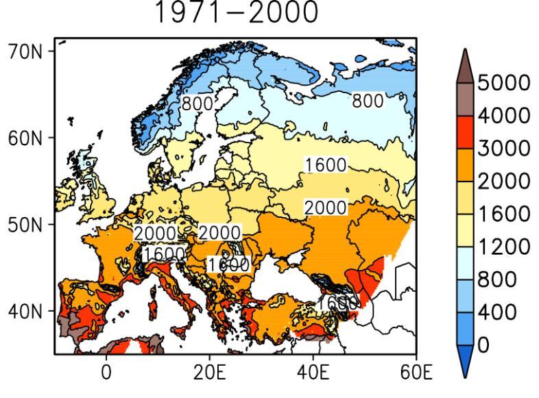 Ilmasto ja kasvukausi muuttuvat Keskimääräinen kasvukauden lämpösumma (astepäivinä) Euroopassa vuosina 1971