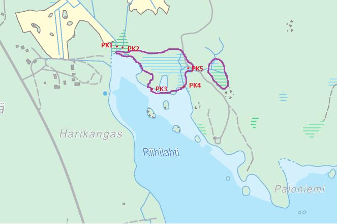 21 Kuva 7. Riihilahden kosteikkoalue sekä näytteenottopisteet (paikkatietoikkuna). Näytteenottopiste 1 (PK1): Tämä piste oli yksi kolmesta kosteikkoon laskevasta ojasta.