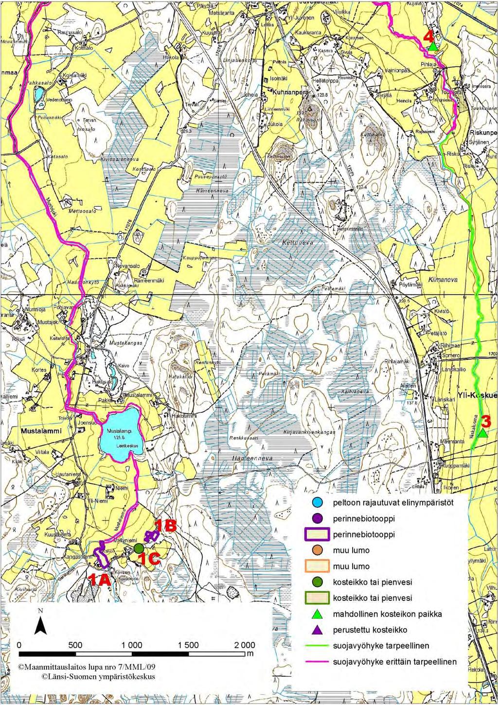 5.3 Jalasjärvi Kartta 1. Jalasjärven kohteiden 1, 3 ja 4 sijainti. MUSTALUOMAN VALUMA-ALUE Kohde 1A-C: Myllyniemen perinnebiotoopit ja kosteikko (kartta 1, s.