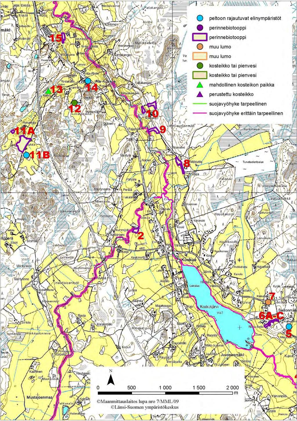 Kartta 2. Jalasjärven kohteen 2 sekä kohteiden 5-15 sijainti. Kohde 4: Mahdollinen kosteikon paikka (kartta 1, s. 17) Oja kiertää Toukkalanmäen ja laskee peltojen halki Niskaluomaan.