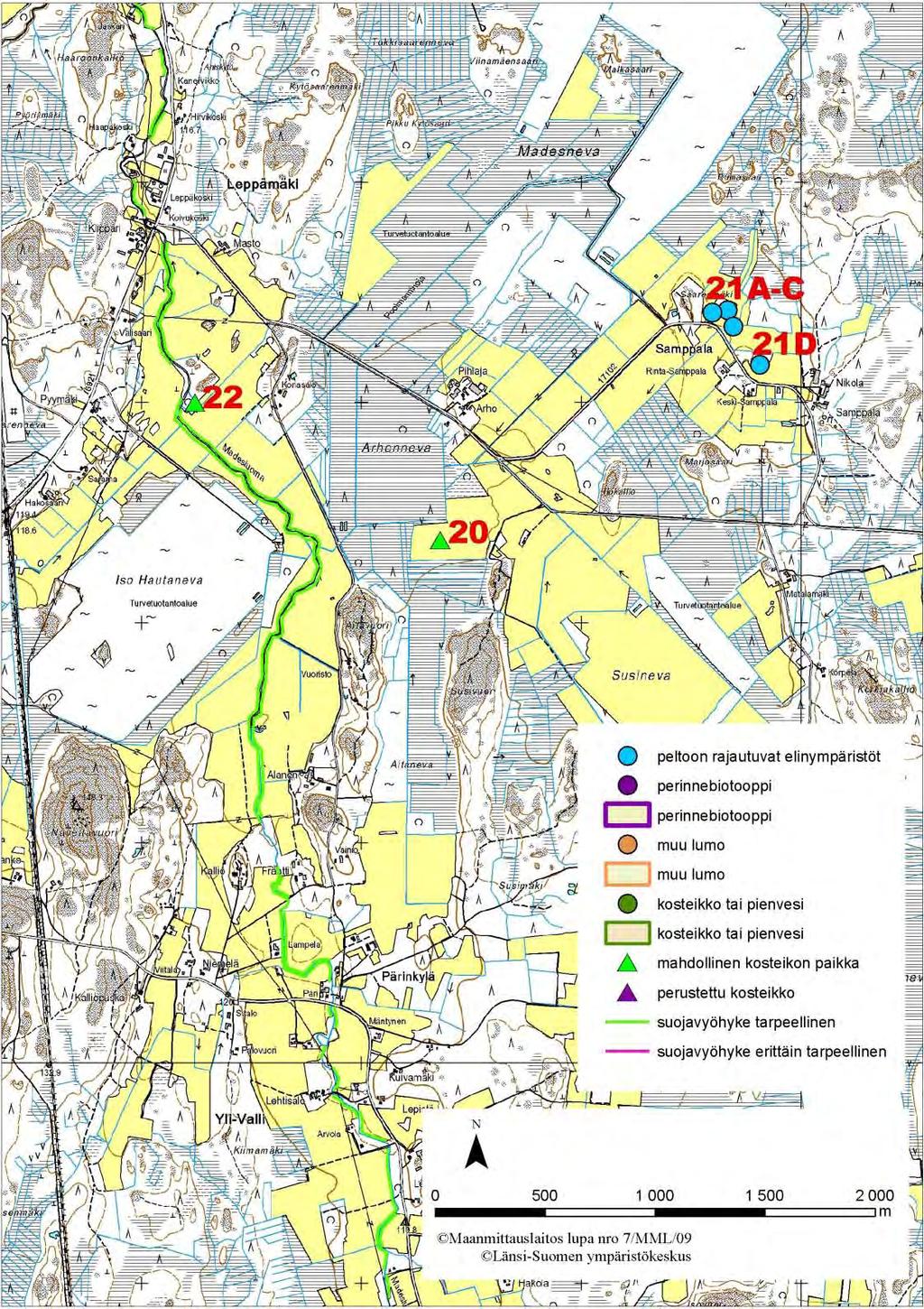 Kartta 5. Jalasjärven kohteiden 20-22 sijainti. Kohde 21A-D: Metsäsaarekkeet ja metsälaidun (kartta 5, s.