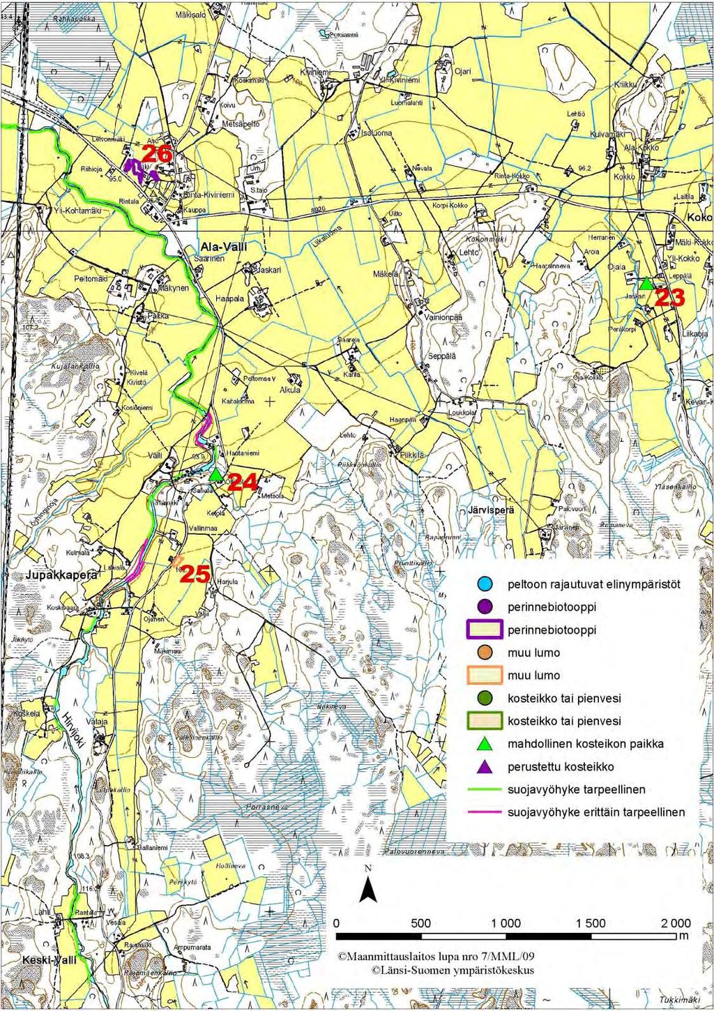 Kartta 6. Jalasjärven kohteiden 23-26 sijainti. Kohde 27A-C: Kohtamäen perinnebiotoopit (kartta 7, s.