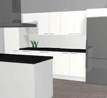 Keittiö 3D havainnekuvassa 80 m2 asunnon keittiö Kalusteet Kalusteenovet Sileä mattavalkoinen