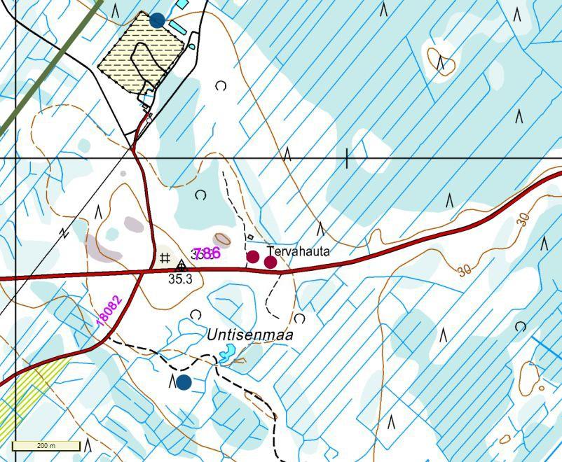 12 Kartta 8. Untisenmaa. Punainen piste; tervahauta, hiilimiilu, sininen piste; tuulivoimala. Ajoittamattomat muinaisjäännökset 6.