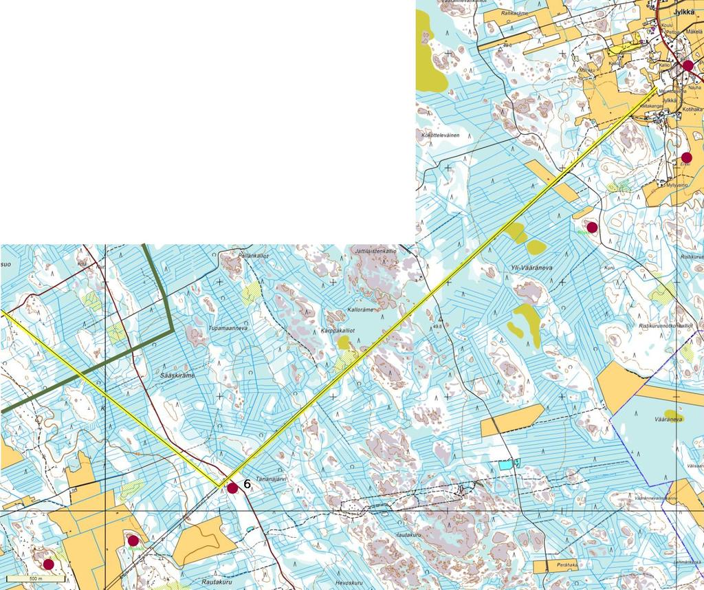 Kartta 3. Voimajohdon linjaus. Linjauksen lähistöltä löytynyt uusi kohde 6.