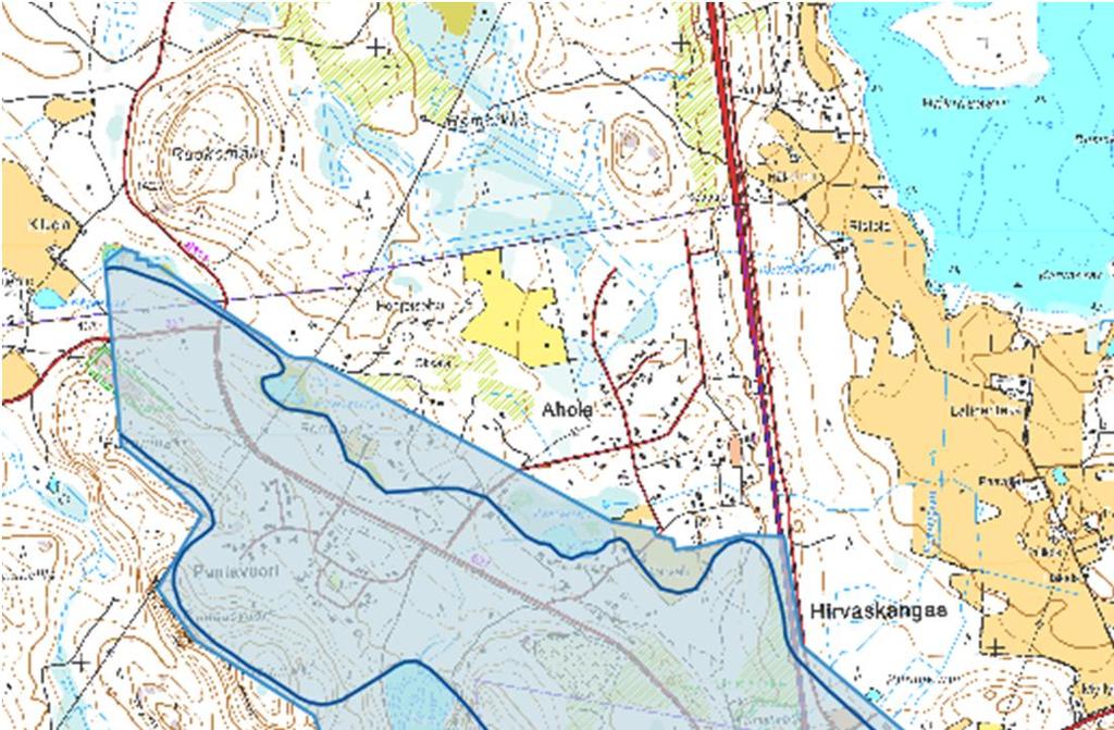 Kuva 2.1. Hirvaskankaan pohjavesialue. Pohjavesialueen rajaus on merkitty uloimmalla vaaleansinisellä viivalla ja pohjavesialueen muodostumisalue sisemmällä tummansinisellä viivalla.