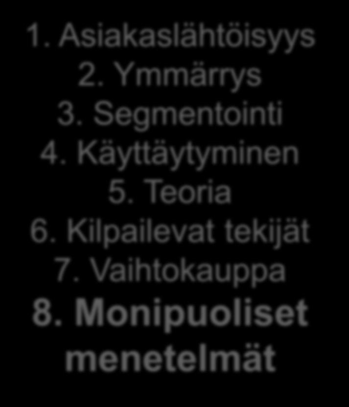 1. Asiakaslähtöisyys 2. Ymmärrys 3. Segmentointi 4. Käyttäytyminen 5.