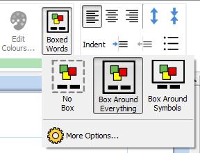 Laatikoitujen sanojen käyttäminen Käyttääksesi laatikointa kehyksessä klikkaa kehystä valitaksesi sen ja klikkaa sitten Laatikoidut sanat -kuvaketta Muokkaa-välilehden Symbolit-osiossa.