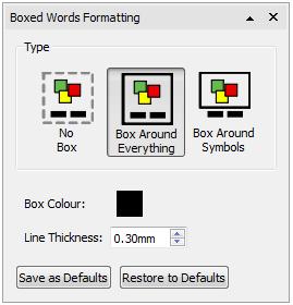 Laatikoitujen sanojen muotoileminen Laatikon viivan väriä ja paksuutta voi muokata klikkaamalla Lisää vaihtoehtoja -kuvaketta Laatikoidut sanat - dialogissa.