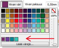 Mukautetut värit Kerro kuvin 3:ssa pystyt mukauttamaan luomissasi materiaaleissa käyttämiesi objektien ulkoasu valitsemalla niille vaihtoehtoisia värejä väripaletista.