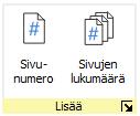 Sivunumero Voit lisätä sivunumeroita mihin tahansa kehykseen tai soluun. Voit määrittää miltä sivulta numerointi alkaa klikkaamalla Lisää vaihtoehtoja - painiketta.