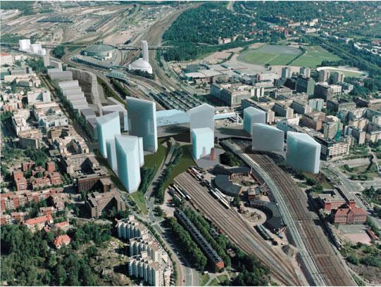 Sillan ympäristö ja asuinalue jatkavat Länsi-Pasilan kaupunkirakennetta. 33 Cino Zucchi Architetti, viitesuunnitelman leikkaus etelästä.