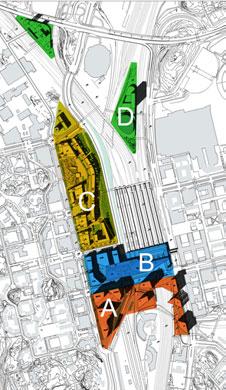 37 ALUEET alue pääasiallinen toiminto kerrosala A toimitilat 129 150 kem² B palvelut, toimistot 68 910 kem² C asuminen 81 190 kem² D
