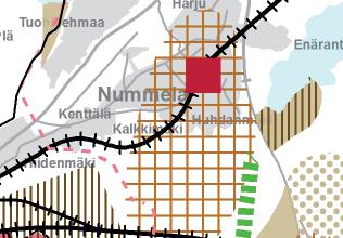 Nummelan keskustatoimintojen alue on osoitettu punaisella neliöllä, mutta maakuntakaavan määryksen mukaisesti keskustatoimintojen alueen sijainti ja laajuus määrittyy tarkemmin yksityiskohtaisemmassa