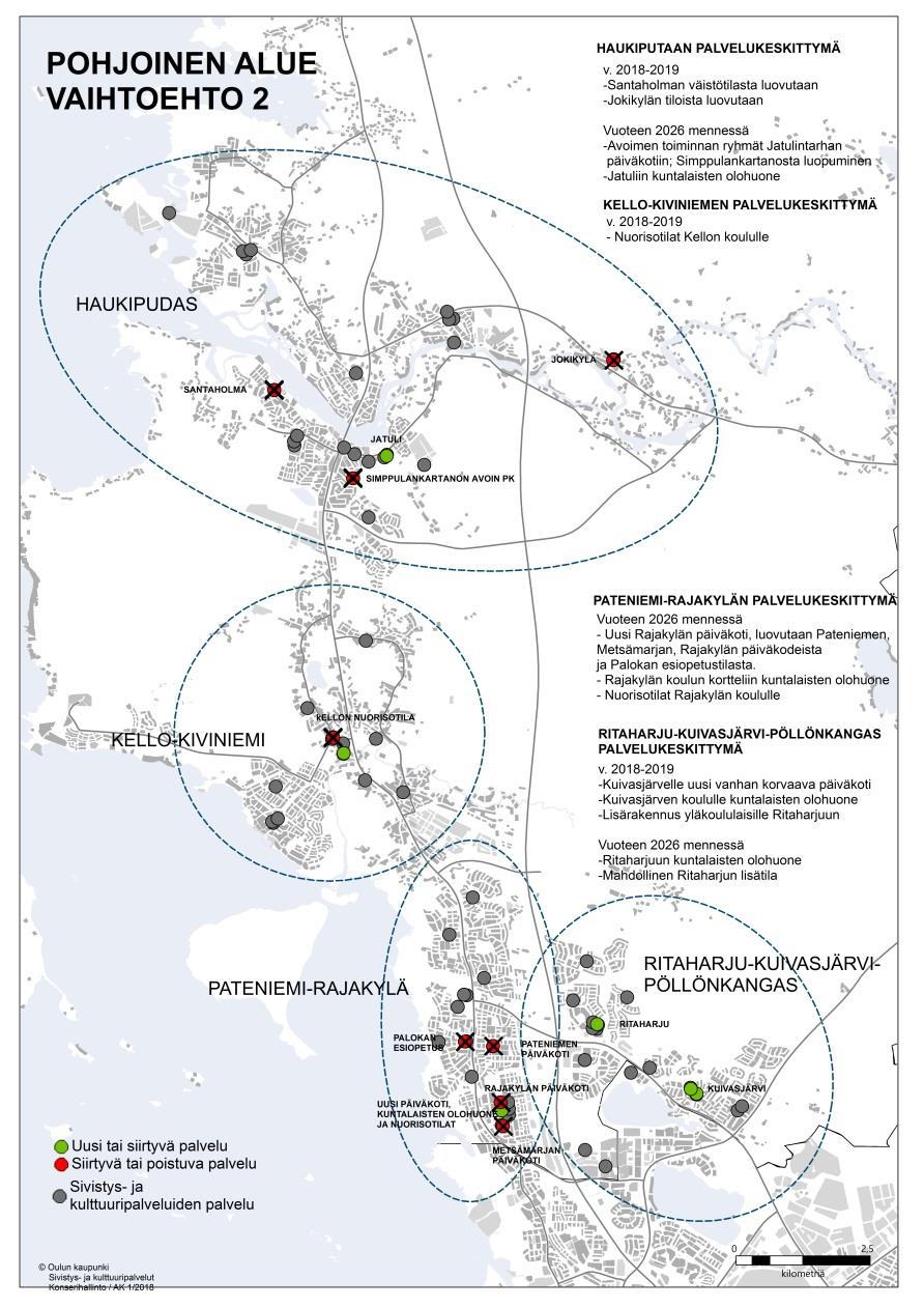 Pohjoinen alue, vaihtoehto 2 Palveluverkon toimenpiteet vuosina 2018 2019: Santaholman väistötilasta luovutaan. Jokikylän esiopetus- ja koulutiloista luovutaan.