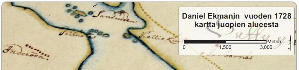 74 Kuva 81. Daniel Ekmanin georeferoitu kartta juopien alueesta vuodelta 1728. 4.7.1 Sedimenttistratigrafia Länsitien poikkileikkauksessa Toukari muodostuma muodostaa kaukalon mallisen painanteen (kuva 82).