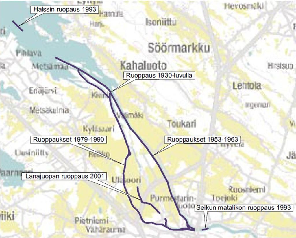 Lanajuovan ja Huvilajuovan alussa uoma on kaventunut 200 metristä noin 20 metriin ja Lanajuopa 70 metristä 20 metriin.