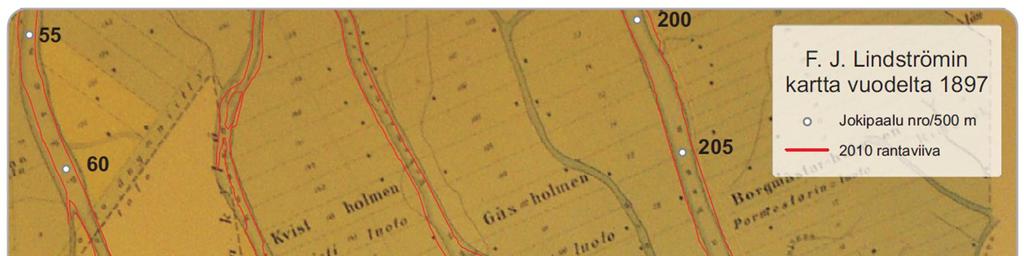 79 Kuva 89. Rantaviivan siirtyminen juopien alueella. Aineistona on käytetty F.J. Lindströmin georeferoitua karttaa vuodelta 1897.
