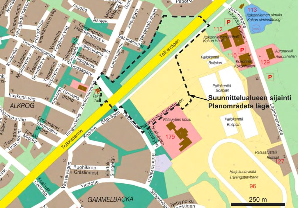 / OSALLISTUMIS- JA ARVIOINTISUUNNITELMA PORVOO PÄÄSKYPELTO Kaupunginosat, ja, orttelit -, viristys- ja atualueet seä suojaviheralue. Alueen sijainti opasartalla.