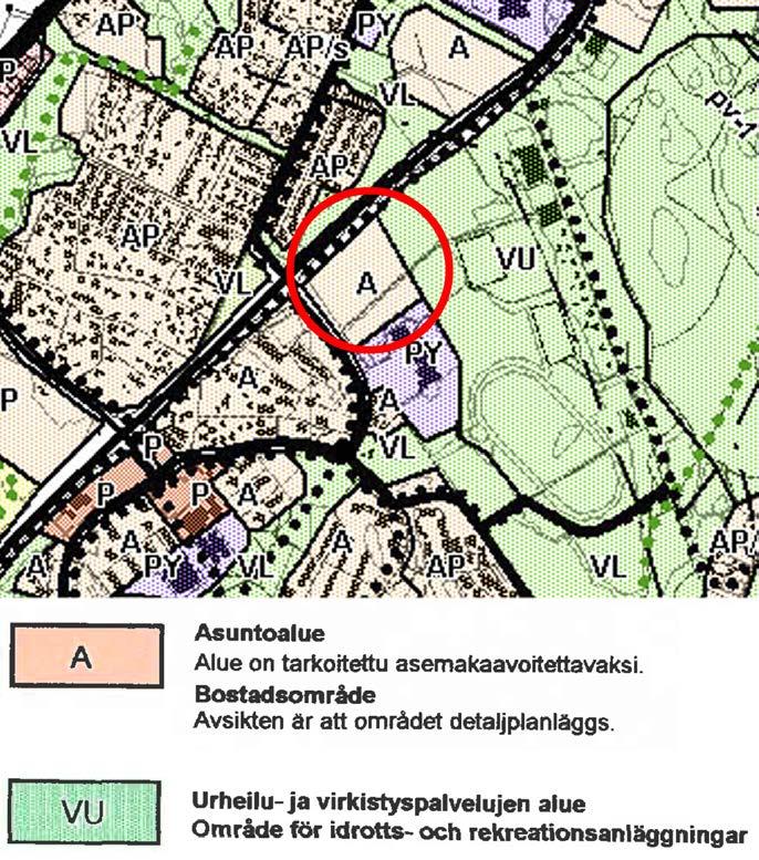 palvelun ja hallinnon alue (PY) (oulu) ja lounaispuolella raennettua asuntoaluetta (A). Tolistentien luoteispuoli on lähiviristysaluetta (VL).