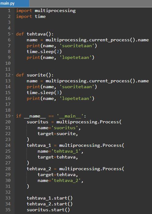 3. Python multiprocessing Python-ohjelmointikielen multiprocessing-moduuli antaa ohjelmoijan käyttöön threads-moduulin kaltaisen rajapinnan, joka tukee tehtävien jakamista rinnakkaisiin