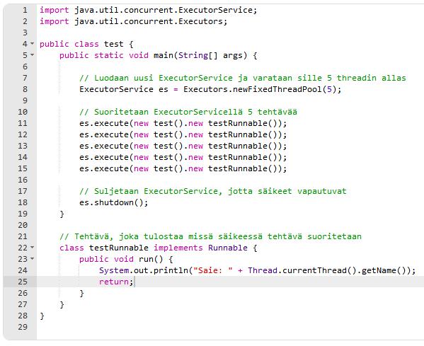 4. Java ExecutorService Java on olio-ohjelmointiin perustuva kieli ja se tarjoaa erääksi keinoksi rinnakkaisuudenhallintaan ExecutorService-luokan, joka on oliopohjainen abstraktio joukolle säikeitä.