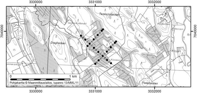 Kruunupyyssä tutkitut suot ja niiden turvevarat Osa 2 75. Rönnmossen Rönnmossen (kl. 2314 09, x = 7039,7, y = 3330,9) sijaitsee noin 53 km Kruunupyyn keskustasta kaakkoon (kuva 1).
