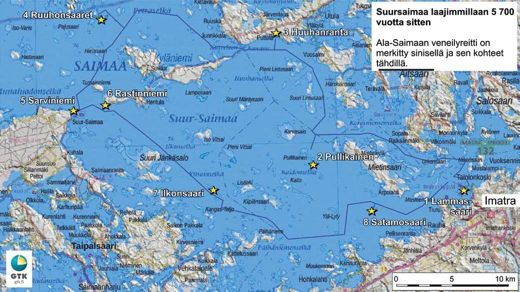 Vesialueet 8 000 vuotta sitten Tulva etenee eteläisellä Saimaalla. Suursaimaan lasku-uoma Pielavedellä. Eteläisen Saimaan veneilyreitti on merkitty sinisellä ja sen kohteet tähdillä.