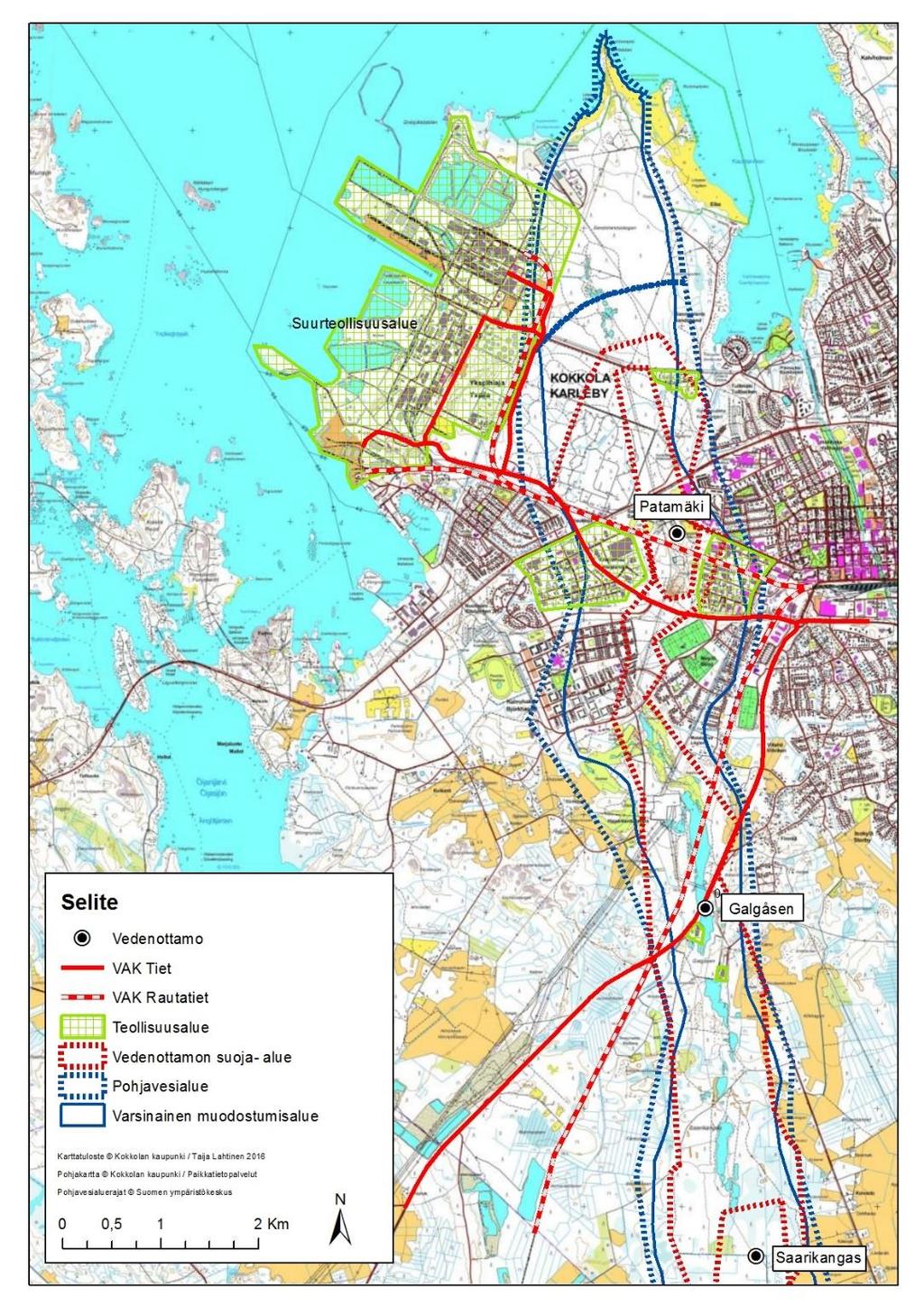 3 2. KOKKOLAN PATAMÄEN JA HARRINNIEMEN POHJAVESIALUEET Kuvassa 1 on esitetty pohjavesialueen rajaus ja pohjavesialueelle sijoittuvat vedenottamot, teollisuusalueet, päätiet ja rautatiet.