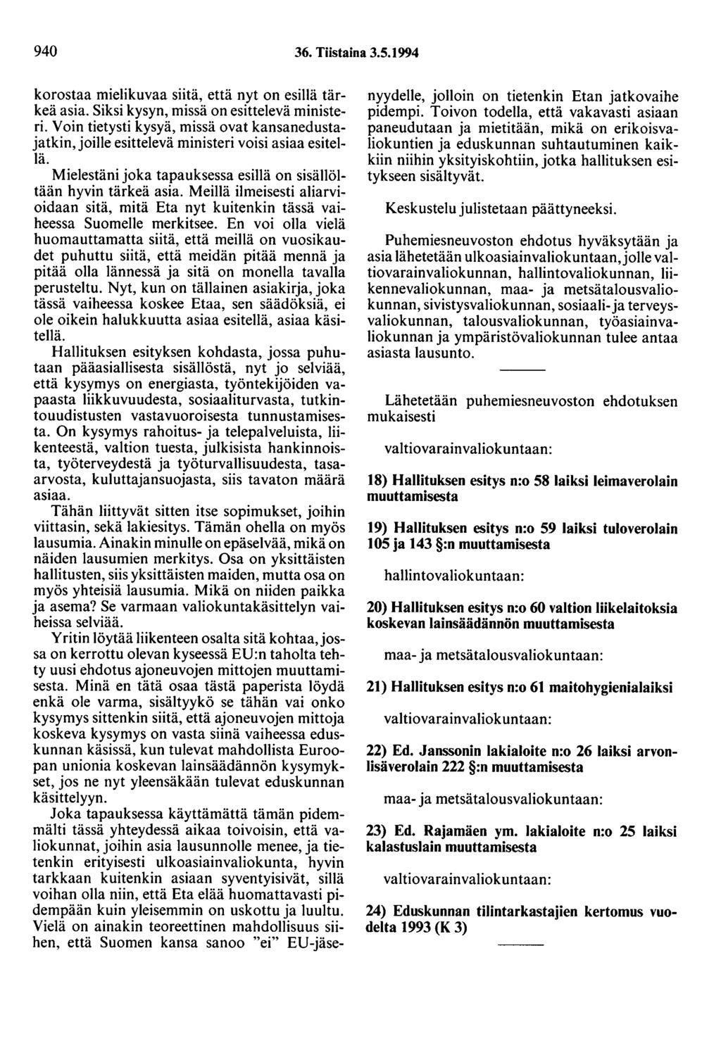 940 36. Tiistaina 3.5.1994 korostaa mielikuvaa siitä, että nyt on esillä tärkeä asia. Siksi kysyn, missä on esittelevä ministeri.
