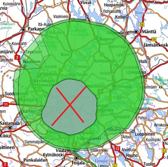 PÄÄLLEKKÄISET PEITTOALUEET, SAMA OHJELMASISÄLTÖ (3/3) Nykytilanne: Bauer Media, kaikki samalla tavalla (R.City, KISS, Iskelmä): Teisko 3 kw, Tampere keskusta (Näsinneula) 200 W.