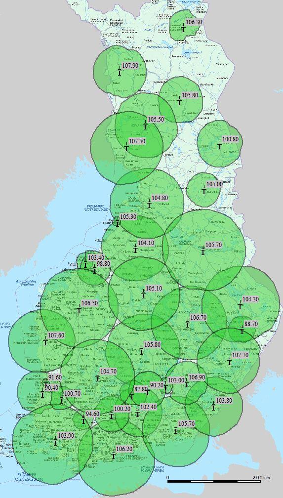 Taajuuskokonaisuus 1 (nyk. Radio Nova) Kunta Taajuus Kunta Taajuus Espoo 106.2 Lappeenranta 103.8 Eurajoki 90.4 Lapua 106.5 Haapavesi 104.1 Lieksa 104.3 Hollola 102.4 Mikkeli 106.9 Hämeenlinna 100.