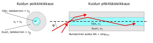 3 KUVA 1. Havainnekuva valon heijastumisesta valokuidussa [3] Optisessa tiedonsiirrossa on käytössa kolme eri taajuusaluetta: 825 875 nm, 1270 1340 nm ja 1525 1575 nm.