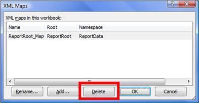 Excel varmistaa poistamisen, joka hyväksytään. Jäljelle jää tyhjä XML Maps ikkuna.