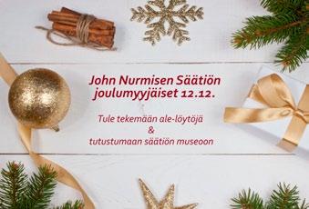 John Nurmisen Säätiön museossa vietetään joulumyyjäisiä tiistaina 12.12. kello 11 17. Tule tekemään huimia alelöytöjä pukinkonttiin!