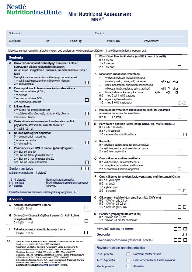 Ravitsemustilan arviointi MNA-testi - Yli 65-vuotiaille - Validoitu testi, tunnistaa hyvin vajaaravitsemuksessa tai sen