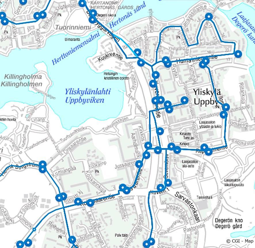 Nykyinen joukkoliikenne Linja-autolinjoja on suunnittelualueella Kuvernöörintiellä, Reposalmentiellä ja Isosaarentiellä.
