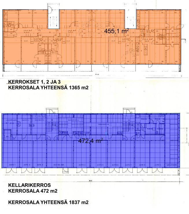 Kuvassa kerrostalotontin 2 kerrosalatarkastelua: Tammelan kunnan keskustan kerrostalokanta on suurelta osin nelikerroksista, alimmassa kerroksessa on maanpäällinen kellari ja kolmessa seuraavassa