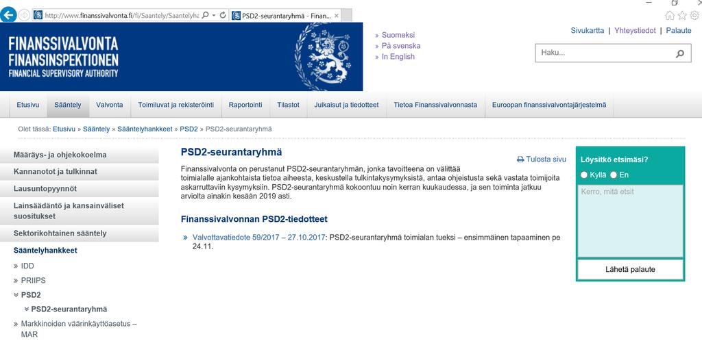 PSD2-seurantaryhmän verkkosivut http://www.finanssivalvonta.