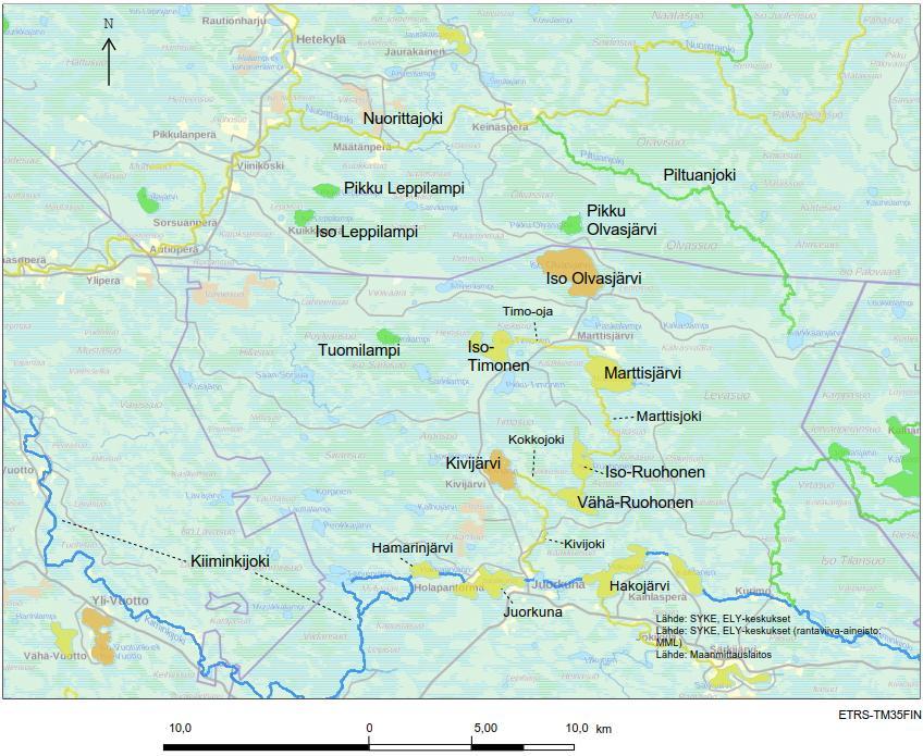 38 7.2 Kiiminkijoen vesistöalueen ekologinen tila Osasta vedenottohankkeen lähivesistä on määritetty virallinen ekologinen tila vesienhoidon toisella suunnittelukierroksella (Kuva 7-7).