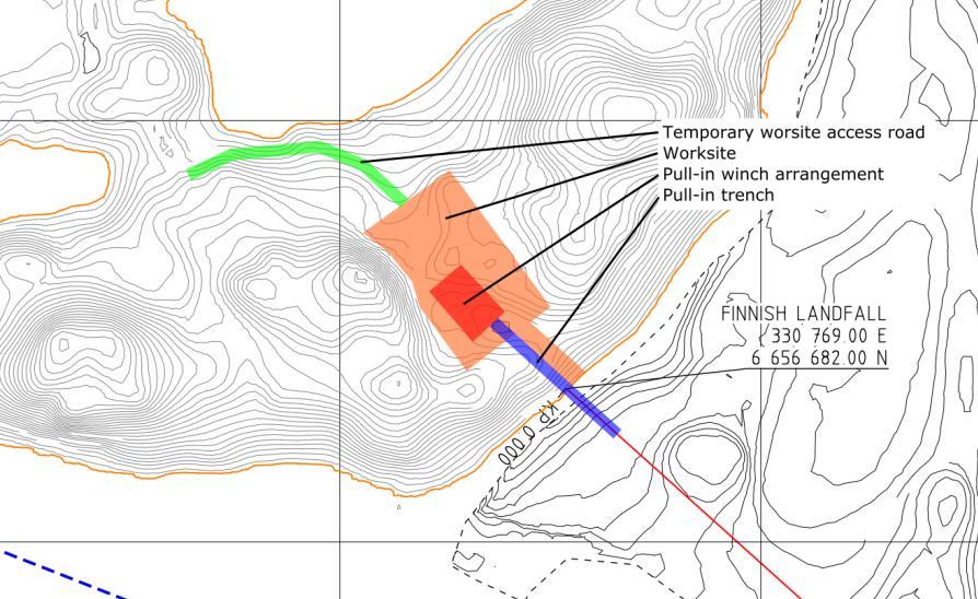 43 3.8 Rantautumispaikka Balticconnector-putkilinjan Suomen rantautumispaikka sijaitsee Fjusön niemen kaakkoisrannalla, olemassa olevan öljylaiturin itäpuolella.