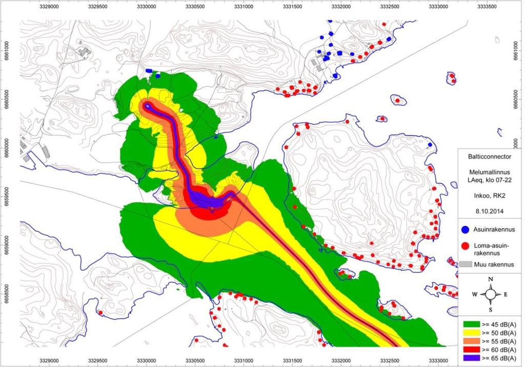 Rantautumisalueella rakentamisen ajan melun leviäminen (klo 07-22) kompressoriasemalle asti on esitetty melukartassa kuvassa 47. Kuva 47.