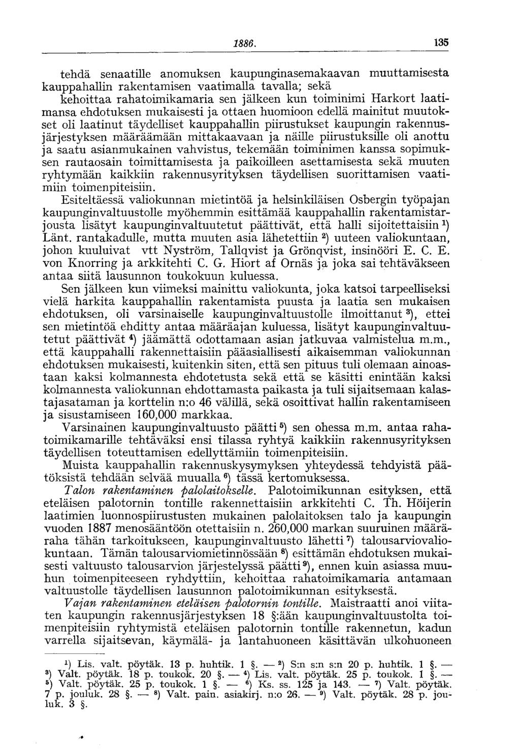 1886. 135 tehdä senaatille anomuksen kaupunginasemakaavan muuttamisesta kauppahallin rakentamisen vaatimalla tavalla; sekä kehoittaa rahatoimikamaria sen jälkeen kun toiminimi Harkort laatimansa