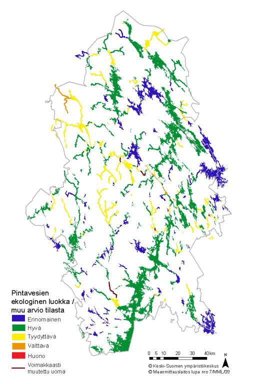 YVA-ohjelma 3.12.2009 Kuva 33. Keski-Suomen alueen vesistöjen ekologinen luokitus (Lähde: Keski-Suomen ympäristökeskus).